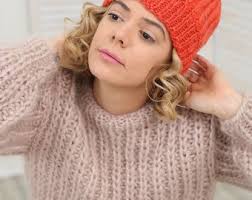 Slouchy Beanie Hat, Red Knit Beanie, Warm Beanie Hat, Icelandic Crochet  Hat, Cable Knit Mohair Beanie