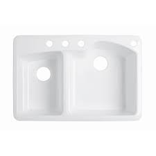 The iron/tones sink offers a simple design that is equally at home in modern or traditional kitchens. Kohler Wheatland Drop In Cast Iron 33 In 4 Hole Double Bowl Kitchen Sink In White K Rh5870 4 0 The Home Depot