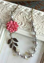 Rose Pink Chrysanthemum Dahlia Flower Necklace Brass Leaf Silver Grey Pearls Antiqued Brass Necklace Jewelry Crafts Pandora Jewelry Antiqued Brass Necklace
