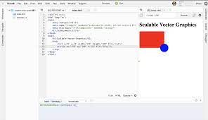 Screenshot Of Html Code For Scalable Vector Graphics With Red Rectangle And Blue Circle Preview And Workspace Shown Text Editor C Text Editor Coding Text