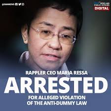 Inaresto dahil sa paglabag umano sa Anti-Dummy Law si Rappler CEO at  executive editor na si Maria Ressa pagdating niya sa Ninoy Aquino  International Airport ngayong umaga. BASAHIN: http://bit.ly/2UY4vfW