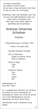 Veel dordtenaren zullen hem kennen uit de tijd dat hij leraar op het insula college was. Andreas Johannes Andries Schokker 25 03 2021 Overlijdensbericht En Condoleances Mensenlinq Nl