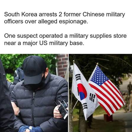 South Korea has arrested two former Chinese military officers accused of spying on joint military exercises with the United States. Police say the men intercepted fighter jet radio traffic and tried to