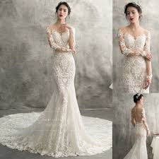 Ivory Mermaid Wedding Dresses Applique Illusion Neck Long Sleeves Bridal Train Fashion Form Fitting Wedding Dress Lacy Wedding Dresses Illusion Wedding Dress