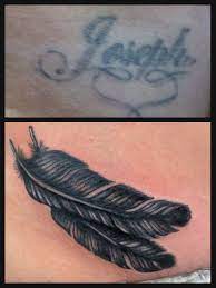 Coverup Name Text Feathers Black Grey Tattoos Cover Tattoo Feather Tattoos Cover Up Tattoos For Women