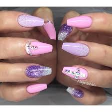 Margaritasnailz On Instagram Baby Pink And Lavender Gelnails Coffinnails Pink Glitter Nailart Marga Purple Gel Nails Coffin Nails Designs Purple Nails Fill your nails with light pink color keeping angular shaped negative space at the bottom of the nails.