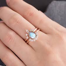 Rose Gold Engagement Ring Set Moonstone Bridal Set Pear Shaped Crown Curved Half Halo Unique Antique Bridal Wedding Ring Anniversary Women Rose Gold Engagement Ring Set Rose Gold Engagement Ring Pear