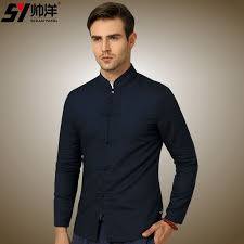 Classical Frog Button Cotton Flax Chinese Shirt Dark Blue Chinese Shirts Blouses Men Chinese Shirt Mens Casual Outfits Blouse Man