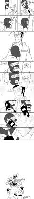 frzdragon, sniper (tf2), spy (tf2), team fortress 2, absurdres, highres,  long image, tall image, translated, 2boys, :d, angry, anti-yaoi, comic,  death, english text, greyscale, imminent kiss, male focus, monochrome,  multiple boys, neck