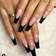 Long Black Almond Shaped Nails Black French Tip In 2020 Black Acrylic Nail Designs French Acrylic Nails French Tip Acrylic Nails
