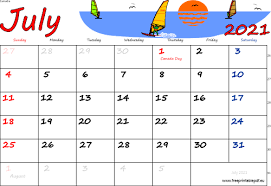 Paper sizes letter, a4 or a3. July 2021 Canada Calendar Free Printable Pdf