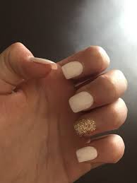 Acrylic Short To Medium Length Square Shape White With Gold Ring Finger Short Square Acrylic Nails Short Acrylic Nails Nails
