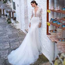 Illusion plunge long sleeve lace wedding dress. Eightree Vintage Mermaid Wedding Dresses Long Sleeves Appliques Lace Bridal Dress Boho Trumpet Wedding Gowns Vestido De Noiva Wedding Dresses Aliexpress