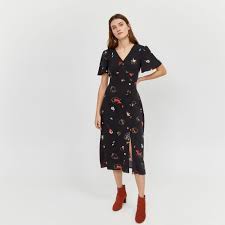 Warehouse Floral Print Midi Dress Black Pattern 1 Floral Print Midi Dress Patterned Midi Dress Midi Dress With Sleeves