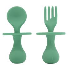 Amazon Com Infant Self Baby Spoon Fork Silicone Self Feeding Utensil Set Baby First Training Weaning For 6 Month Baby Toddler Bpa Free Midnight Green Baby