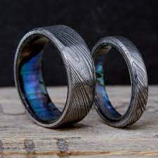 Ring Set Damascus Steel Abalone Shell Sleeve Stone Forge Etsy Cool Wedding Rings Mens Wedding Rings Engagement Rings Bridal Sets