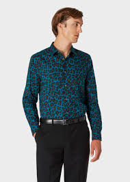 Men S Slim Fit Petrol Blue Leopard Print Shirt Paul Smith Us Blue Leopard Print Shirt Leopard Print Shirt Slim Fit Men