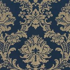 Navy Blue With Gold Damask Damask Wallpaper Gold Damask Wallpaper Victorian Wallpaper