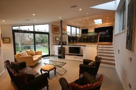 sunken living room, split level kitchen