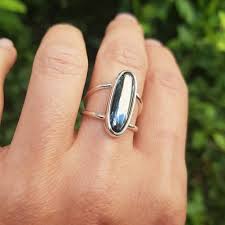 Sterling Silver Hematite Ring Ellipse Stone Shape Sterling Silver Ring Hematite Stone Ring V Shape Ring Band Long Oval Stone Ring Hematite Ring Rings Sterling Silver Rings