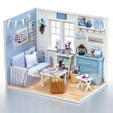 diy model blue roombox miniatures doll house with furniture kit room diorama set toy wooden dolls house furniture diy dollhouse furniture dollhouse living room