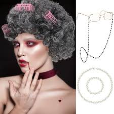 13 Pcs Grandma Costume for Women Old Lady Wig Old Lady Costume Set for Kids  100 Days of School Wig Glasses Eyeglass Retainer Chain Cap Pearl  Accessories Halloween Drama Party, Gray, one