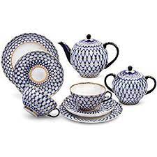 Imperial Porcelain Cobalt Net Tulip Tea Set 20 Pc For 6 Persons Porcelain Tea Set Tea Set Tea Pots
