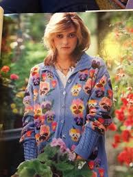My only complaint is that there are no squares of the colors used near the patterns. Statement Cardigan But Imagine These Pansies On A Cushion Sweet Susan Duckworth S Knitting 1988 Girls Sweaters Knitted Sweaters Fashion