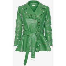 Alexander Mcqueen Ruffled Leather Biker Jacket 6 620 Liked On Polyvore Featuring Outerwear Long Green Jacket Leather Jackets Women Peplum Leather Jacket