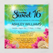 The table settings are wonderful! Beach Theme Sweet 16 Birthday Invitations Candied Clouds