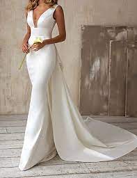 178 19 A Line Wedding Dresses V Neck Court Train Satin Sleeveless Simple With Bow S 2021 A Line Wedding Dress Dresses Wedding Dresses