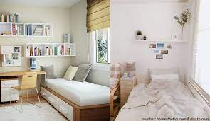 Sediakan beberapa meja komputer di sudut ruangan. 7 Inspirasi Desain Kamar Tidur Minimalis Sederhana Nyaman Banget