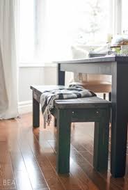 Brown and white wooden farmhouse bench and table. Diy Farmhouse Bench Nick Alicia