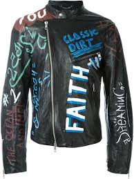 Black And Gold Motorcycle Jacket Diesel Graffiti Painted Smooth Leather Jacket Black Multi Modesens Jackets Mens Black Jacket Painted Jacket