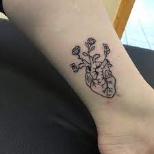 Little Simple Anatomical Heart With Flowers Tattoo Linework Hearttattoo W Anatomical Heart Tattoo With Flowers Heart Flower Tattoo Anatomical Heart Tattoo