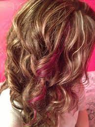 Pink Peekaboo Curls Highlights Hair On The Go 705 716 3343 Brown Hair Colors Hair Highlights Ombre Hair At Home