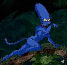 425764 - suggestive, artist:scooterbark, marge simpson (the simpsons), cat,  feline, mammal, anthro, plantigrade anthro, the simpsons, 2020, belly  button, breasts, colored sclera, fangs, featureless breasts, female,  nudity, outdoors, sharp teeth ...