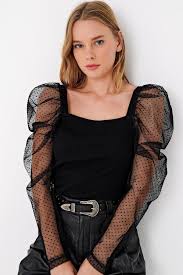 Siyah Kare Yaka Prenses Kol Bluz 2020 Clothes Moda Bluz