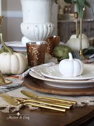 You could call this a lazy man's tablescape because it took me all of about 10 minutes to pull it together. Rustic Harvest Autumn Tablescape With Touches Of Gold Copper