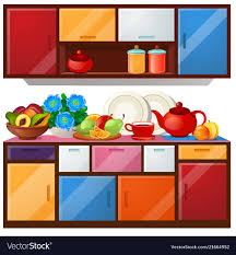 Colored Kitchen Cupboard Dishes And Fresh Fruit Vector Image On Vectorstock Fruit Vector Kitchen Cupboards Fresh Fruit