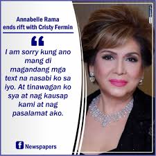 Annabelle Rama ends rift with Cristy Fermin "I am sorry kung ano mang di  magandang mga text na nasabi ko sa iyo. At tinawagan ko sya at nag kausap  kami at nag