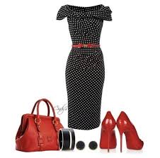 Classy Dress Outfit Black White Polka Dots Dress Red Accessories Black White Red Outfit Office Work Date Night Fashion Rockabilly Fashion Stylish