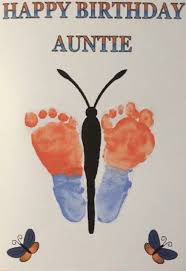 Happy Birthday Crafts For Kids Birthday Card Baby Footprints Butterfly Orange Blue Art Craft Paint Birthday Card Craft Kids Craft Cards Birthday Cards To Print
