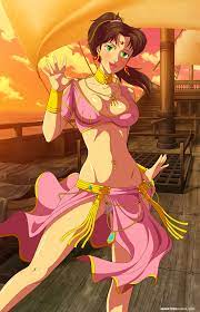 arabatos arabian clothes arabian fight belly dancer belly dancer  outfit brown hair cleavage green eyes harem girl harem outfit large breasts  loincloth looking at viewer navel piercing necklace ponytail