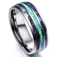Luxury Silver Tungsten Carbide Ring With Blue Fire Opal Abalone Shell Inlay Sizes 5 15 In 2020 Fire Opal Ring Blue Rings Sterling Silver Jewelry Rings