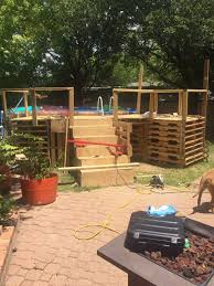 I Made A Pool Deck Out Of Pallets Pallet Pool Backyard Pool Designs Backyard Pool