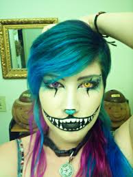 Halloween Diy Cheshire Cat Makeup Smile Teeth Grin Blue Purple Hair Scene Hair Diy Hairstyles Scene Haircuts
