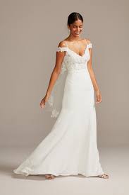 Floral Applique Sheer Bodice Crepe Wedding Dress David S Bridal In 2020 Davids Bridal Wedding Dresses Crepe Wedding Dress Wedding Dress Styles