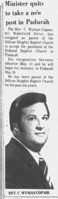 April 1973 Rev. Wyman Copas resigns as Pastor of Hillvue Heights Baptist  Church -- from Daily News
