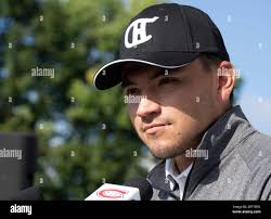 Montreal Canadiens NHL hockey captain Nick Suzuki speaks to the media  before the team's annual charity golf tournament Monday, Sept. 11, 2023, in  Laval, Quebec. (Ryan Remiorz/The Canadian Press via AP Stock